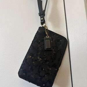 Coach Black Sequin Wristlet with Gold Accents